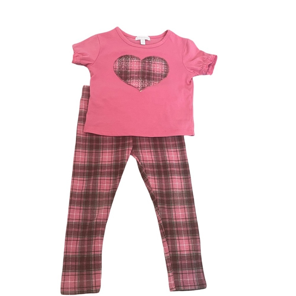 Btween Girl’s Pink and Brown Heart Top w/ Plaid pants Matching Set. Size: 3T.